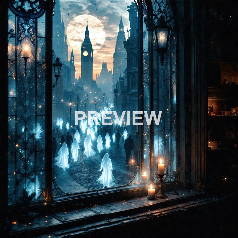 The image depicts a nighttime scene viewed through an ornate window, showing a street with ghostly figures in white robes walking towards a large clock tower under a full moon, with candles flickering on the windowsill.